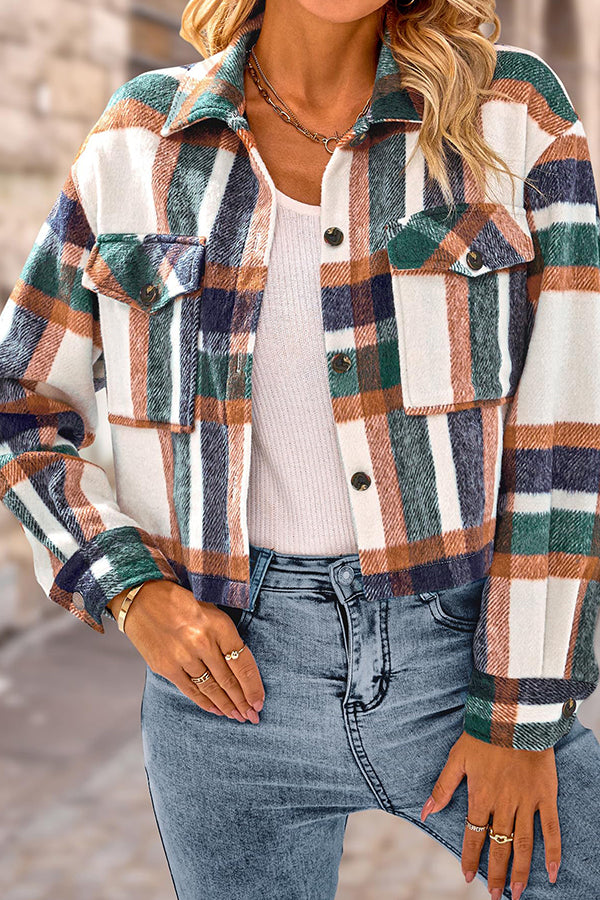 Stilla | Pocket Fashion Casual Cropped Damen Tjekket Jakke