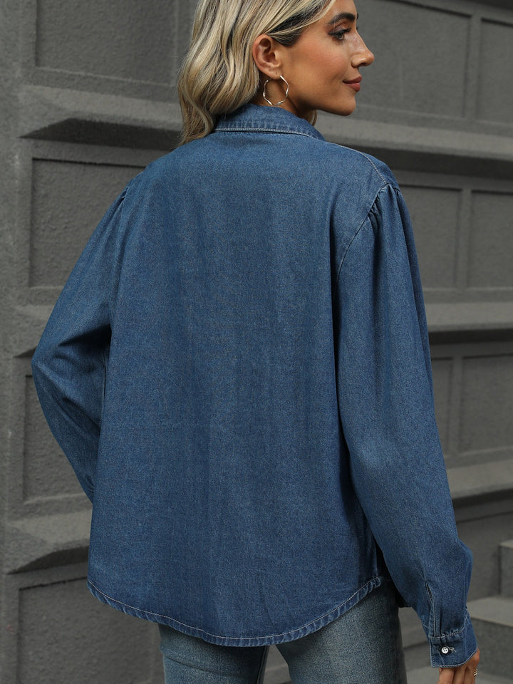 Stilla | Langærmet Jeansbluse Med Knapliste og Krave