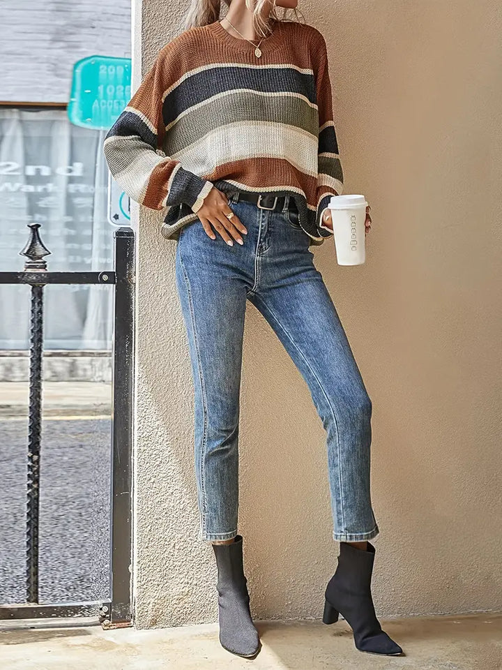 Stilla | Pullover Damer Af Stribet Kaffe Garn