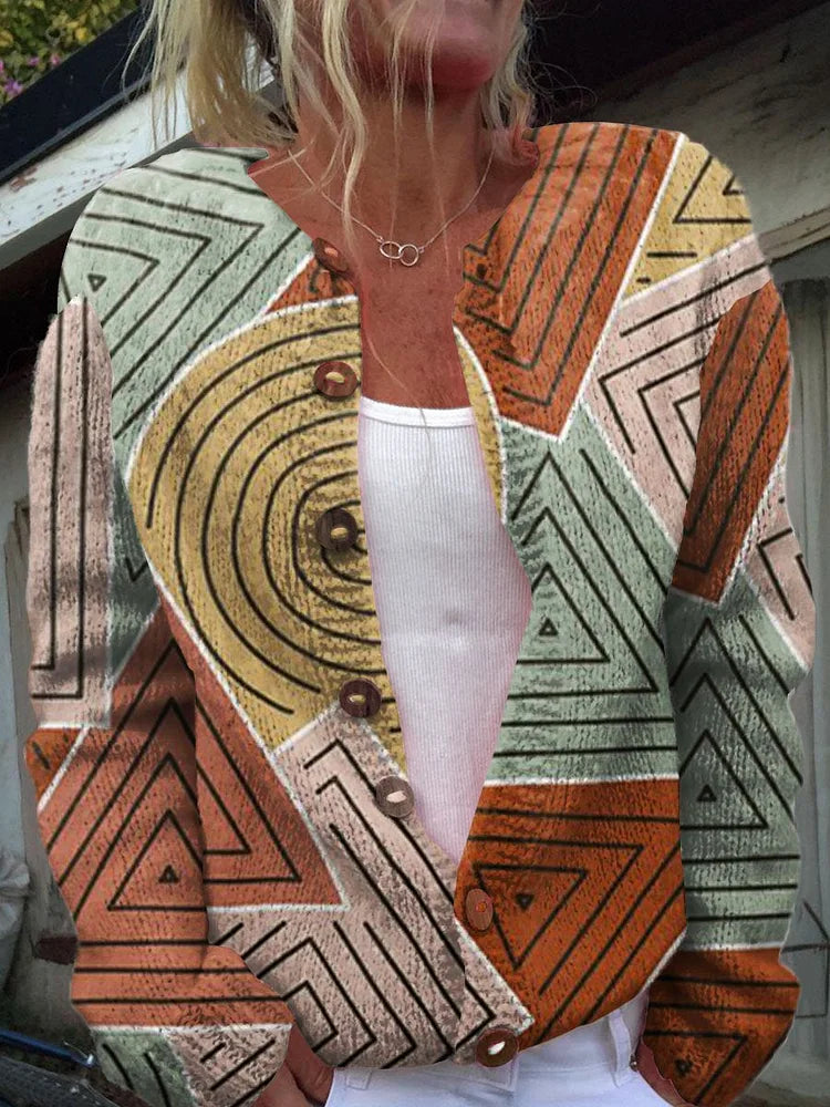 Stilla | Strikjakke med retro geometrisk tryk