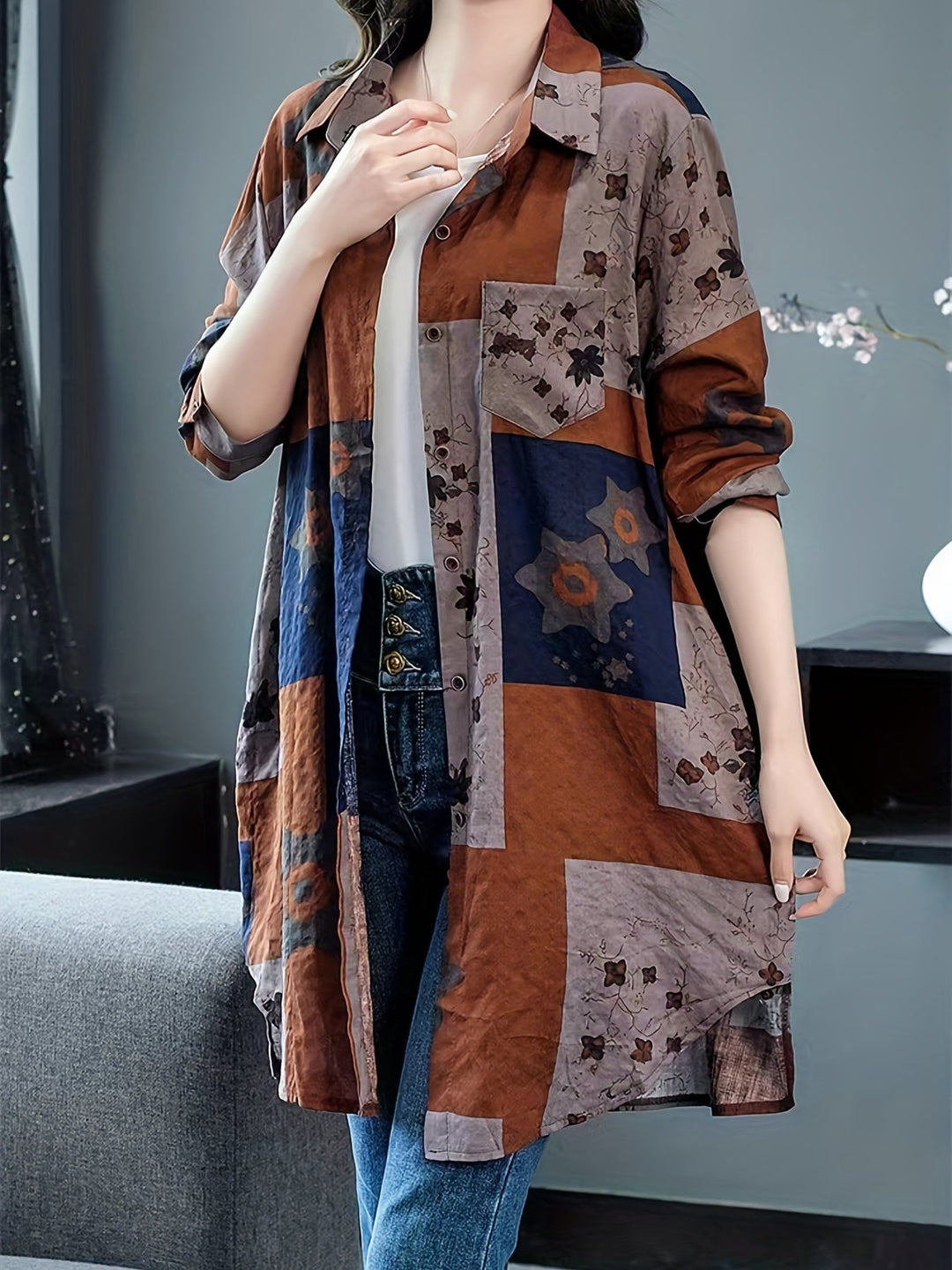Stilla | Linned Bluse Oversize, Geometrisk Tryk, Lange Ærmer, Blanding Af Silke
