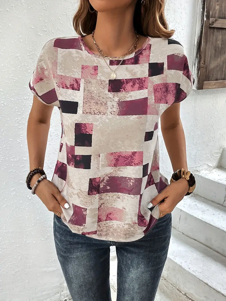 Stilla | T-Shirt Med Aztec Print Let Top Med Kortærmer Og Rund Hals