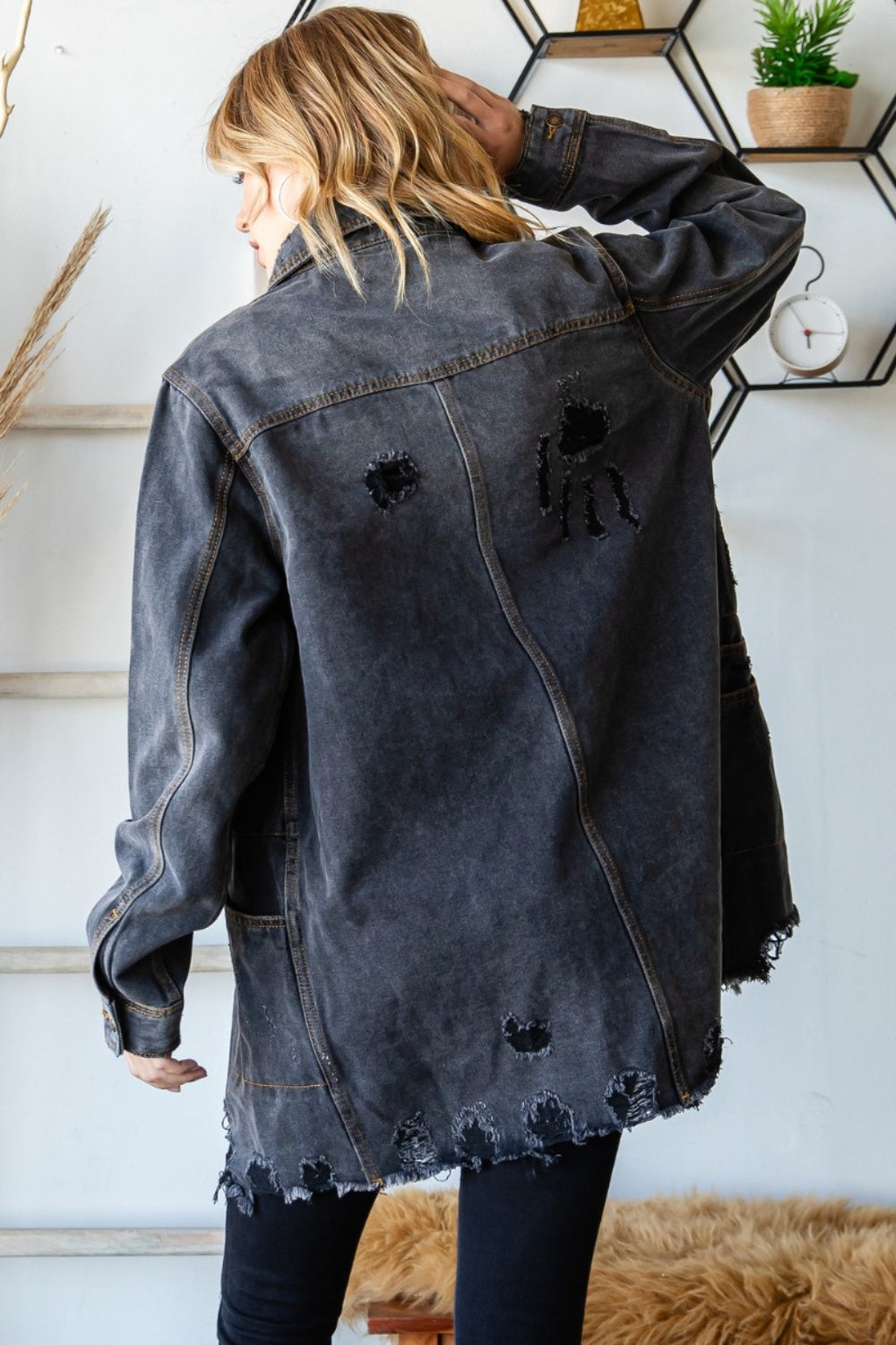Stilla | Knap Up Distressed Flossede Kant Denim Jakke