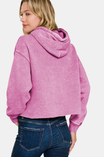Stilla | Kortærmet sweater med acid washed fleece hættepullover