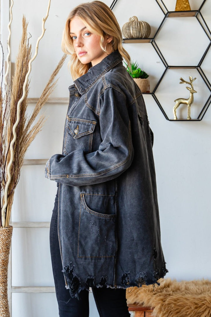 Stilla | Knap Up Distressed Flossede Kant Denim Jakke