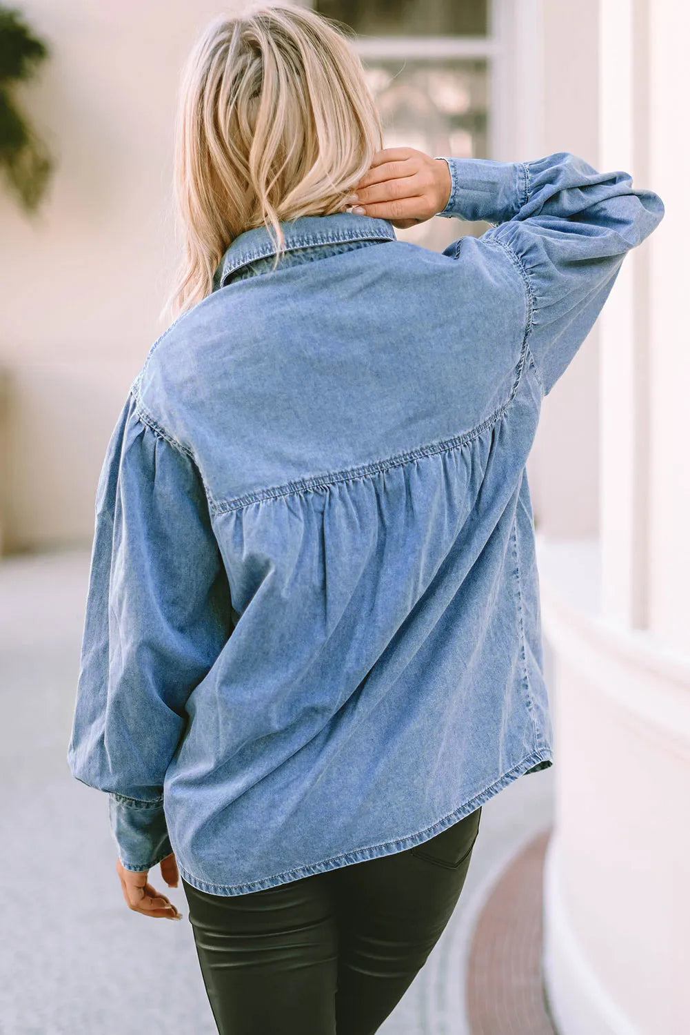 Stilla | Jeans Top med Krave og Lanternærmer