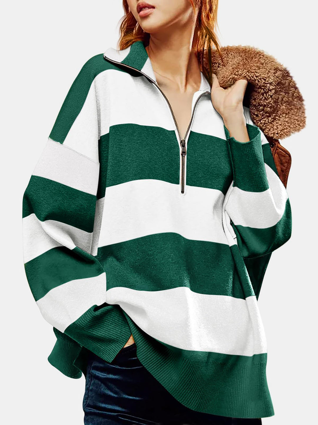 Stilla | Farveblok Sweater Med Lange Ærmer og Halv Lynlås