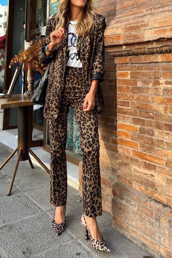 Stilla | Afslappet Blazer Sæt Med Revers Og Leopardlommer Og Elastisk Taljebukser, Vild Personlighed