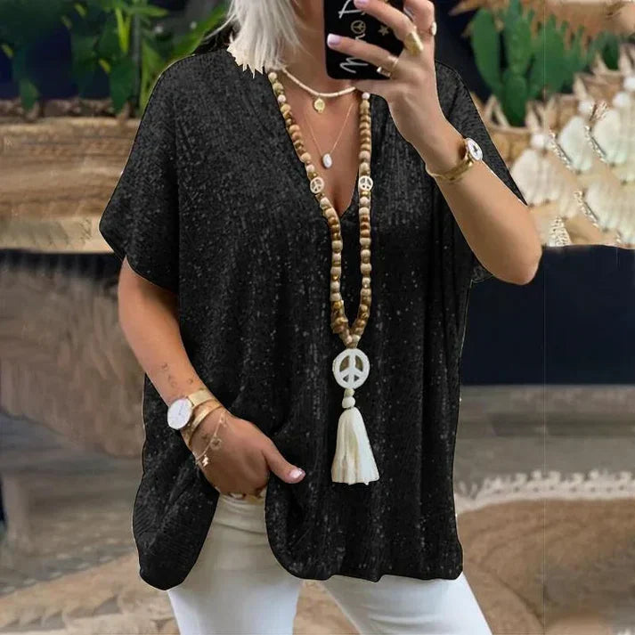 Stilla | V hals bluse med palietter