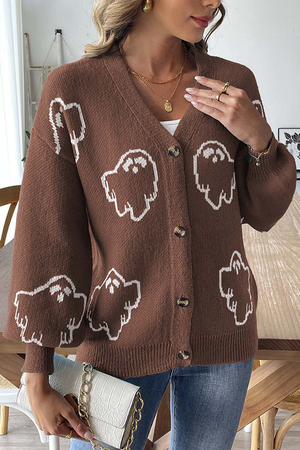 Stilla | Cozy Halloween Ghost Strik Sweater med Knapstolpe