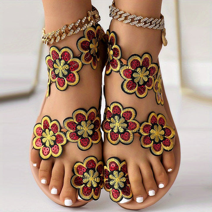 Stilla | Dame Blomster Sandaler På Platform, Slip on Med Perler Og Strap På Tå