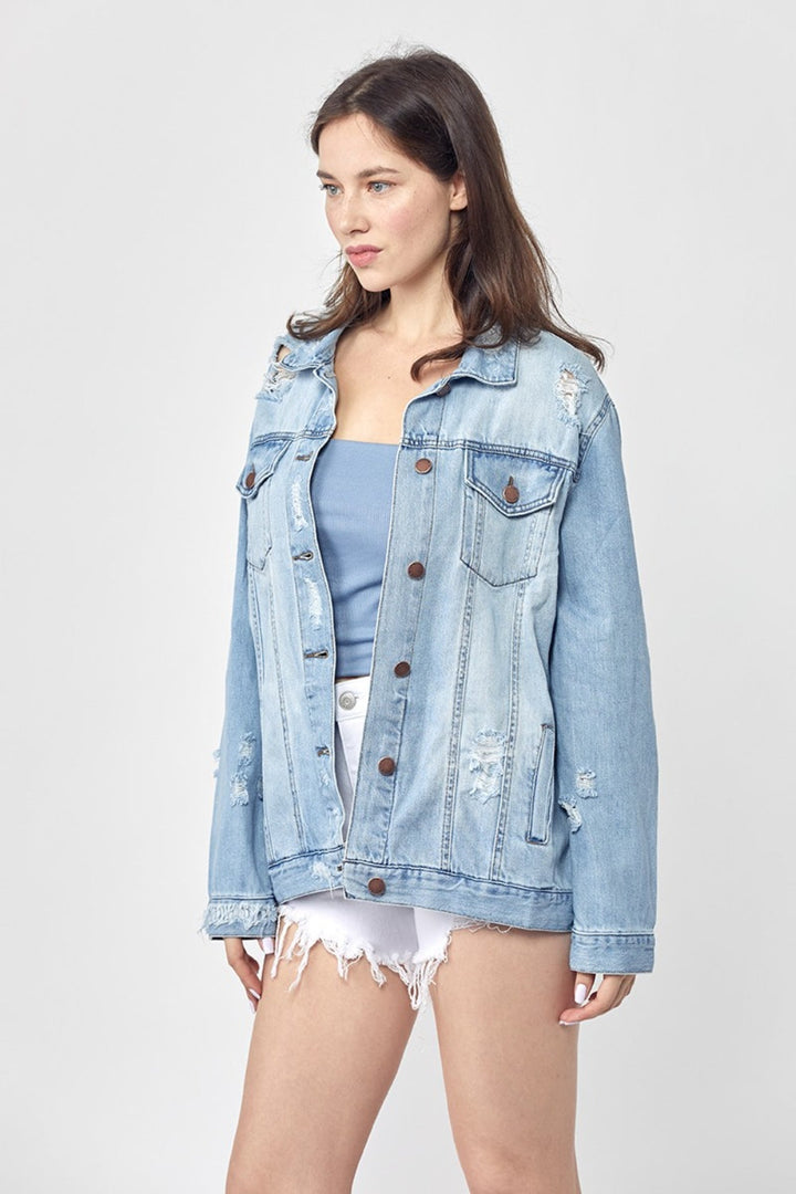 Stilla | Full Size Distressed Langærmet Denim Jakke