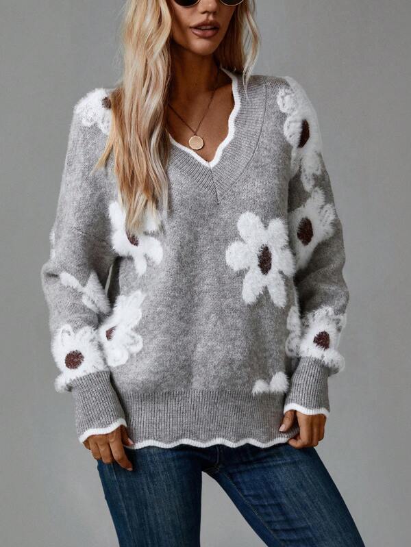 Stilla | Elegant Strikpullover Med Blomsterdesign Til Kvinder