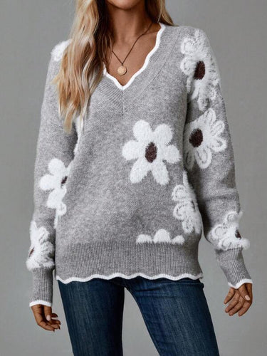 Stilla | V U-udskærings sweater Grå Med Blomsterprint