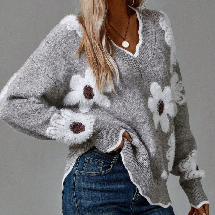 Stilla | V U-udskærings sweater Grå Med Blomsterprint