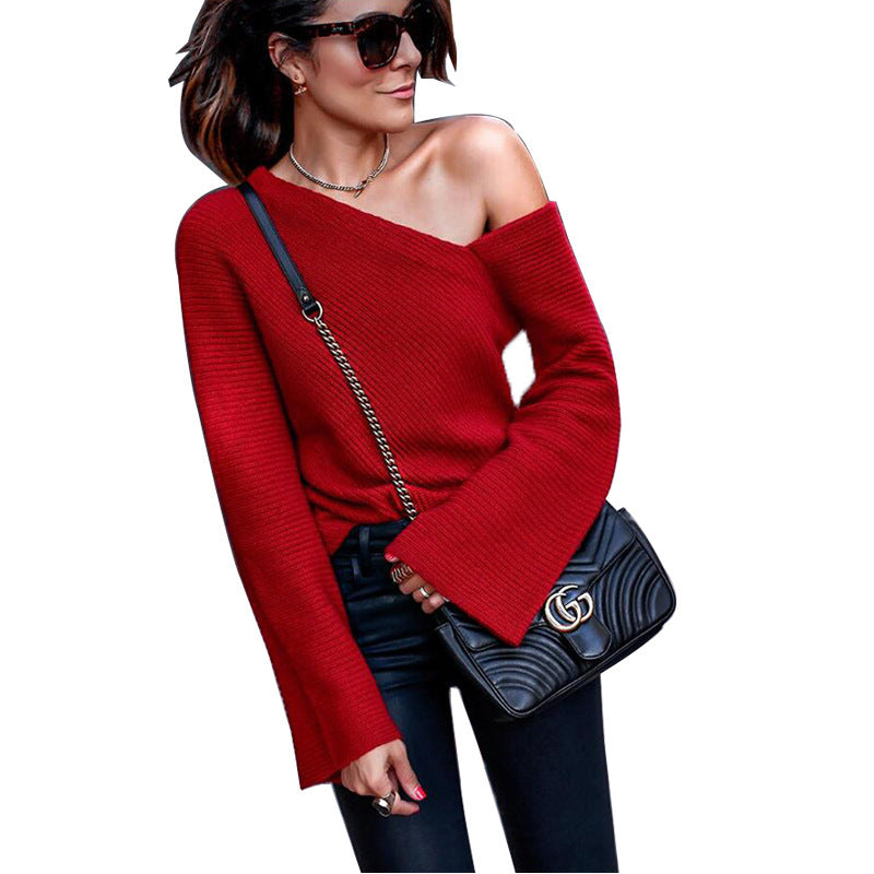 Dame Off-Shoulder Strikpullover med bred ærme og afslappet snit Stilla