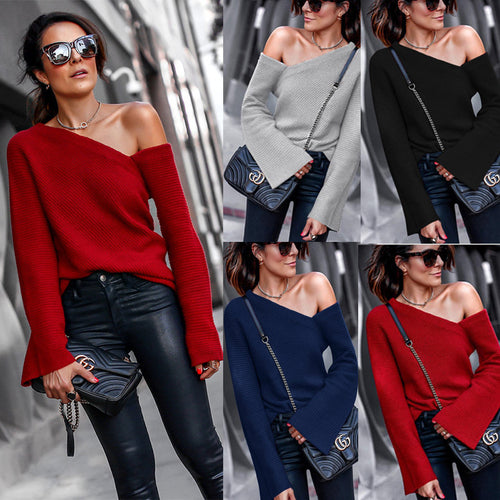 Dame Off-Shoulder Strikpullover med bred ærme og afslappet snit Stilla