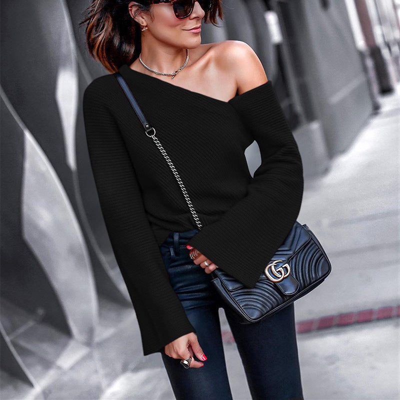 Dame Off-Shoulder Strikpullover med bred ærme og afslappet snit Stilla