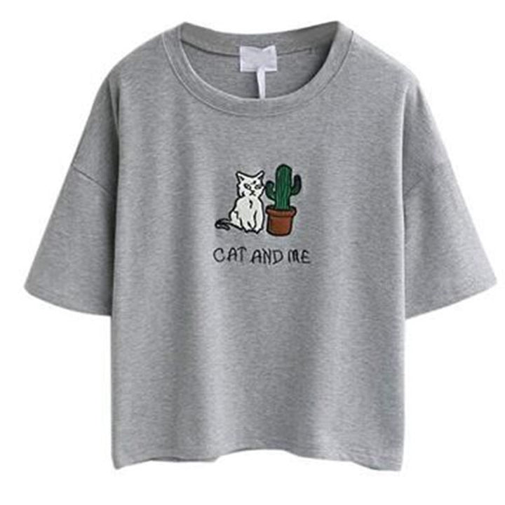 Kvinders afslappede T-shirt med sødt kat- og plante-design Skovae