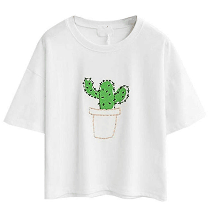 Kvinders afslappede T-shirt med sødt kat- og plante-design Skovae