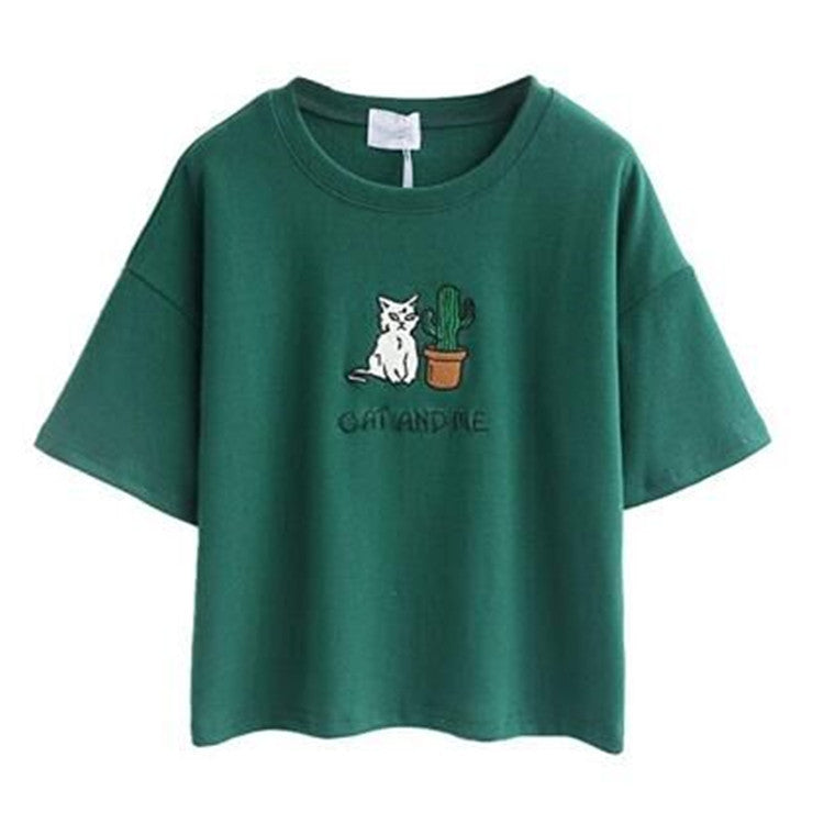 Kvinders afslappede T-shirt med sødt kat- og plante-design Skovae