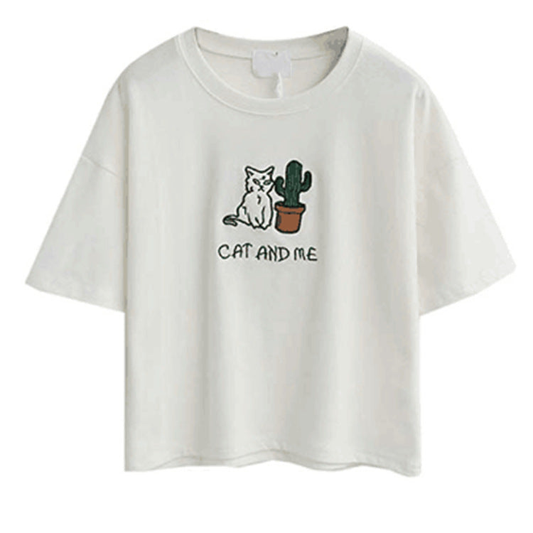 Kvinders afslappede T-shirt med sødt kat- og plante-design Skovae
