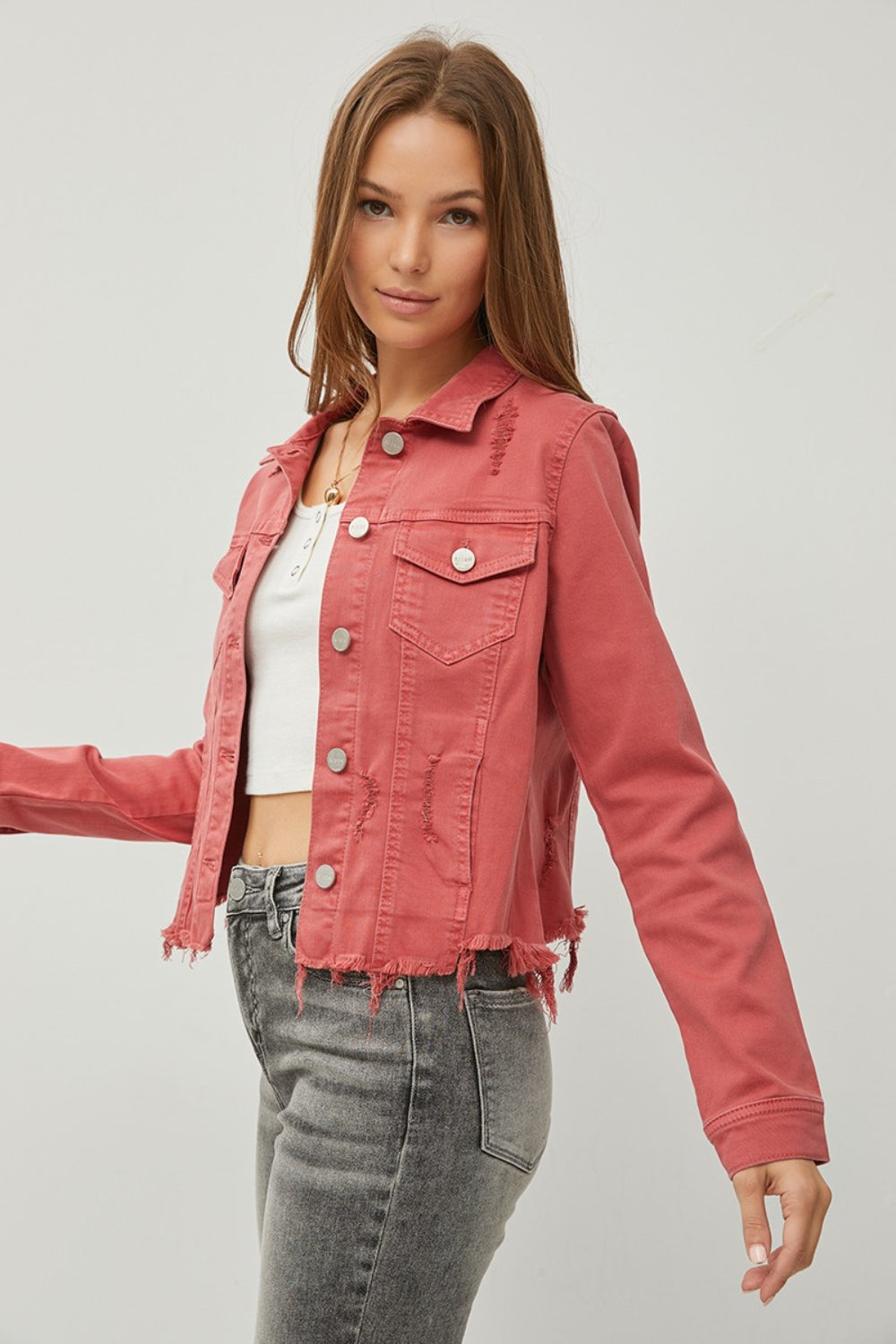 Stilla | Raw Hem Knap Op Forkortet Denim Jakke