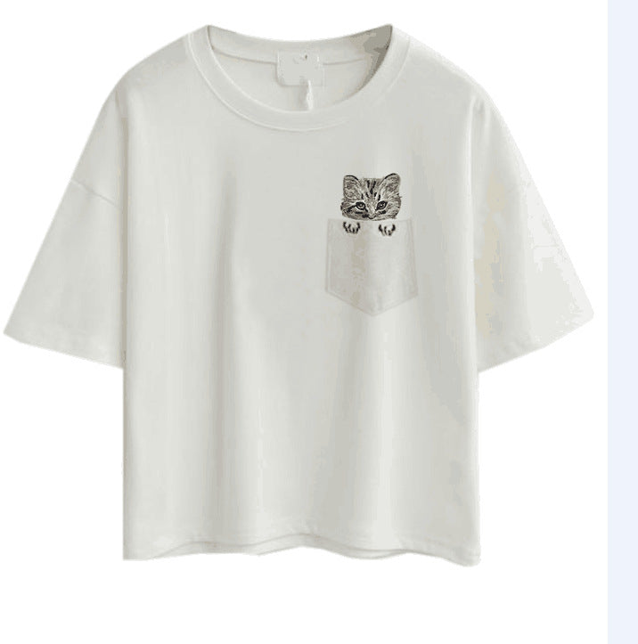 Kvinders afslappede T-shirt med sødt kat- og plante-design Skovae