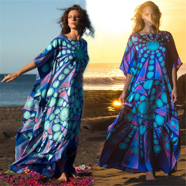 Dame luftig strandkaftan med farverigt geometrisk mønstertryk Stilla