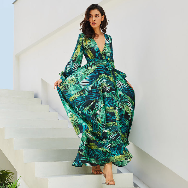 Dame Maxikjole med blomster Chiffon-design og elegante lange ærmer Stilla