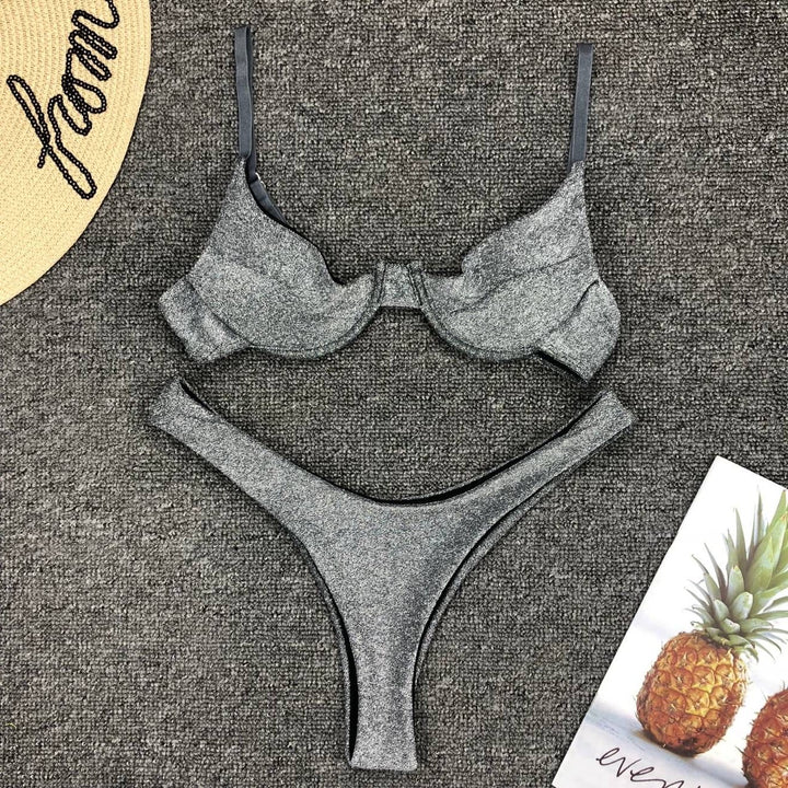 Dame Funklende Triangel-Bikini med raffineret knudedetalje og højt skåret trusse Stilla