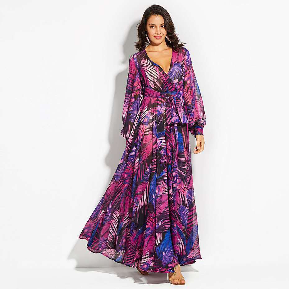 Dame Maxikjole med blomster Chiffon-design og elegante lange ærmer Stilla