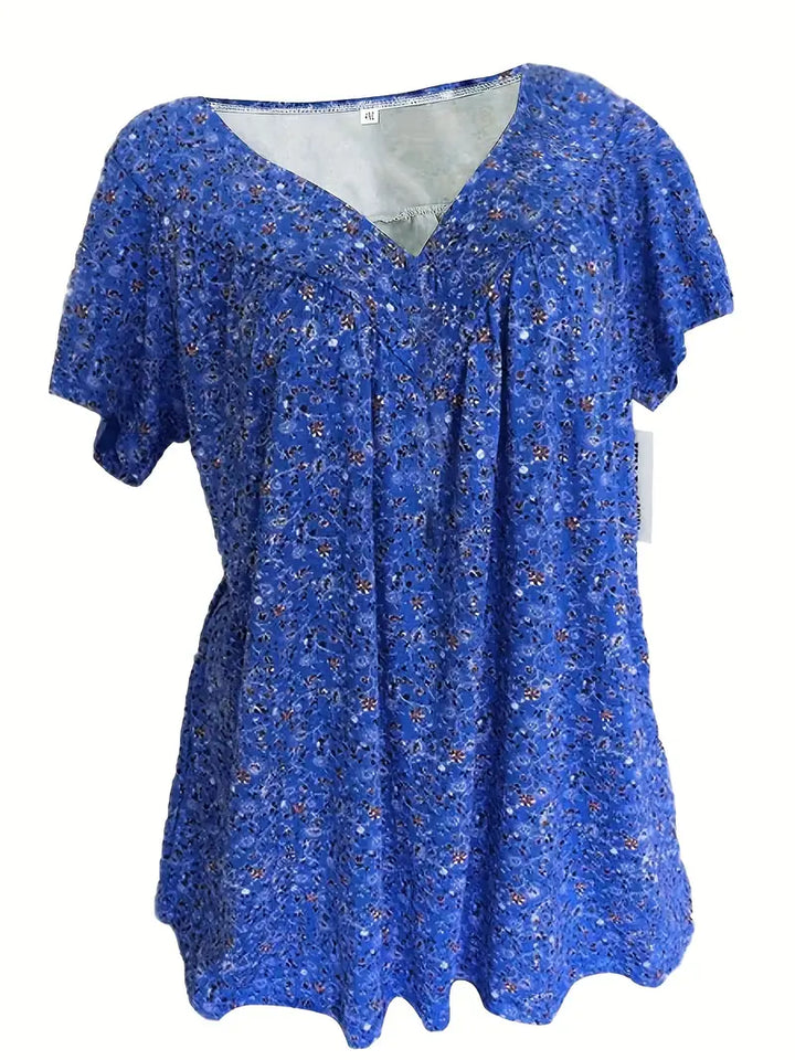 Stilla | Blomster Charm Plus Size V-Hals T-Shirt Med Korte Ærmer Boho T-Shirt