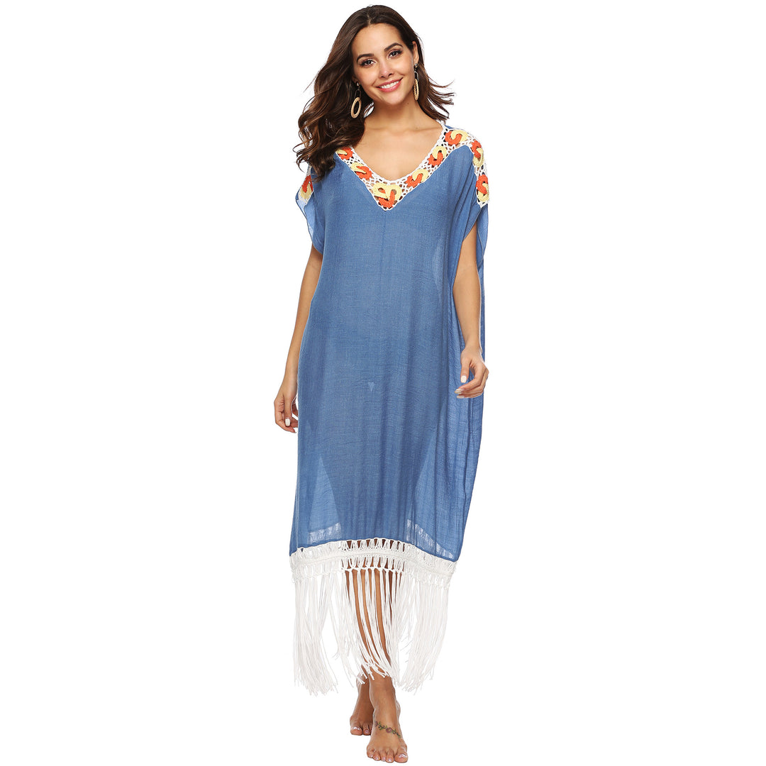Dame elegant strand-overdel kaftan med frynse-detaljer Stilla