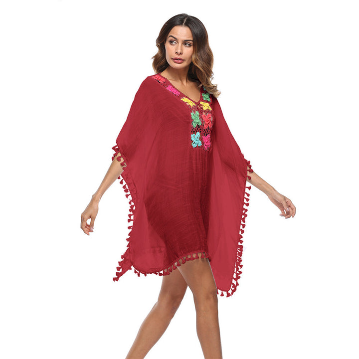 Dame Broderet Strand-Kaftan med Frynse Kant Stilla