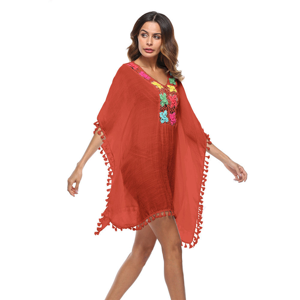 Dame Broderet Strand-Kaftan med Frynse Kant Stilla