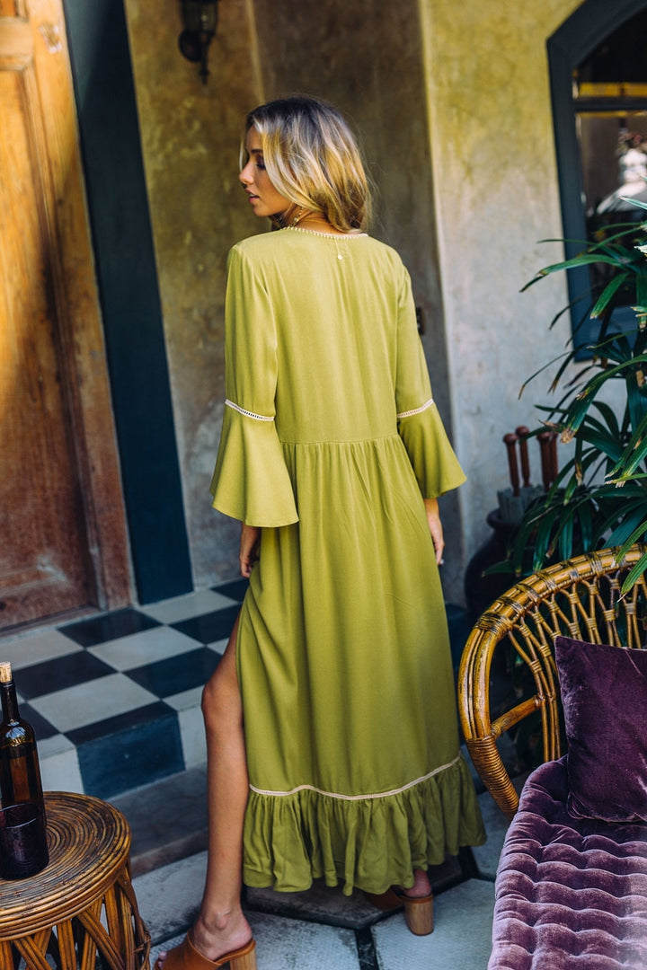 Stilla | Ensfarvet Broderet Maxikjole Med Slids Til Kvinder Forår og Sommer Boheme Ferie Elegant