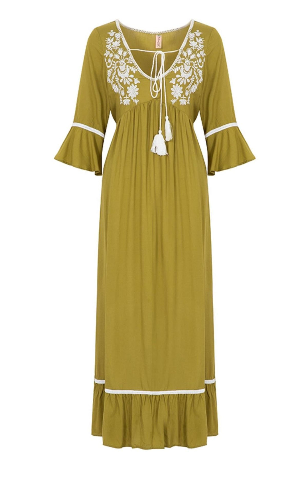 Stilla | Ensfarvet Broderet Maxikjole Med Slids Til Kvinder Forår og Sommer Boheme Ferie Elegant