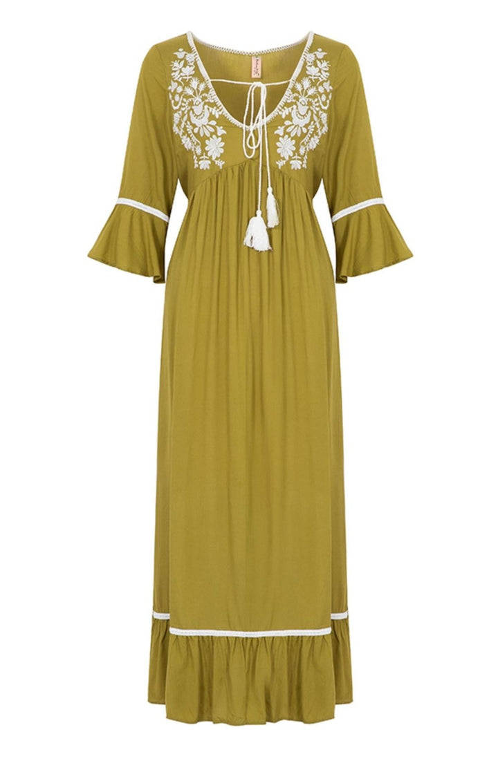 Stilla | Ensfarvet Broderet Maxikjole Med Slids Til Kvinder Forår og Sommer Boheme Ferie Elegant