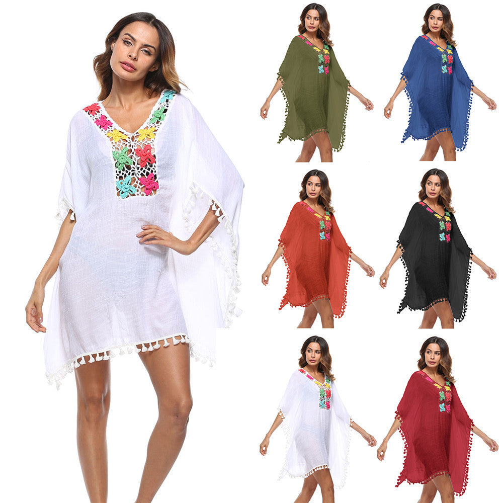 Dame Broderet Strand-Kaftan med Frynse Kant Stilla