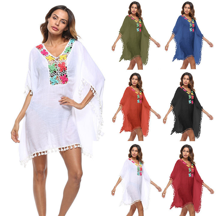 Dame Broderet Strand-Kaftan med Frynse Kant Stilla