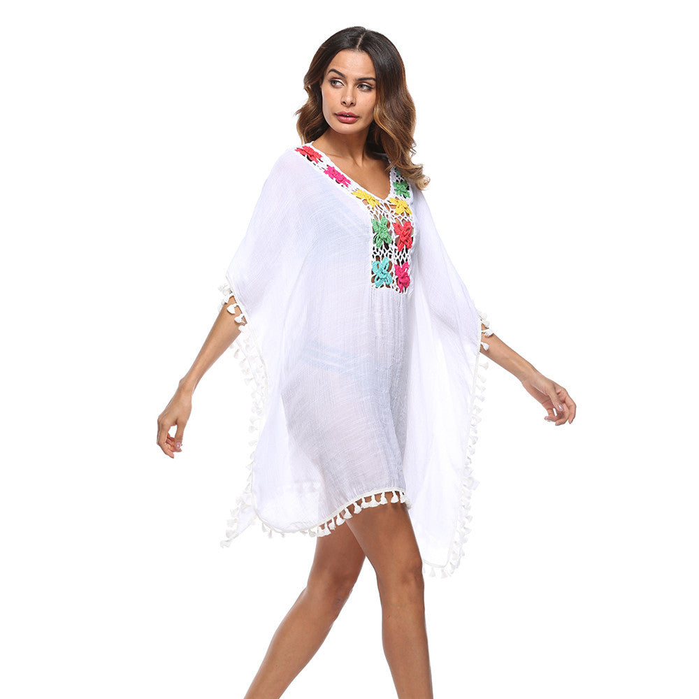 Dame Broderet Strand-Kaftan med Frynse Kant Stilla