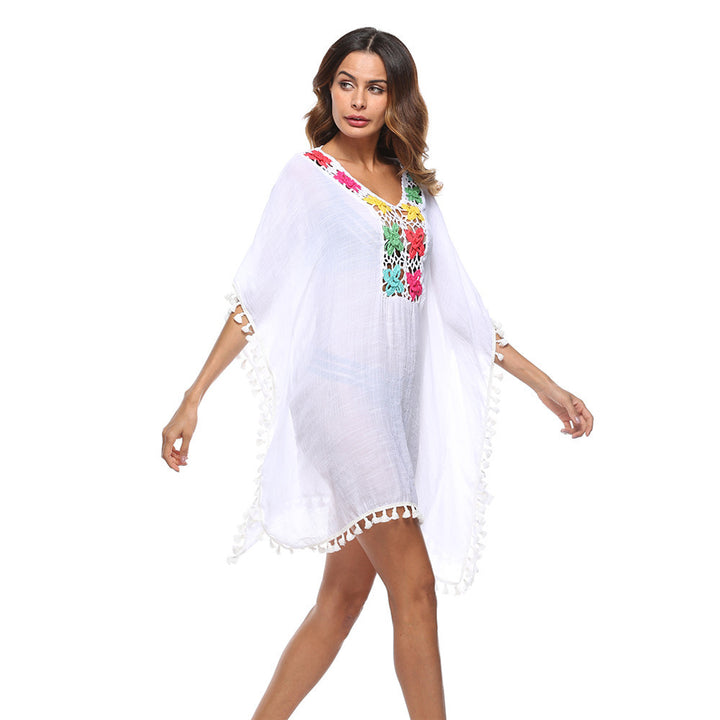 Dame Broderet Strand-Kaftan med Frynse Kant Stilla