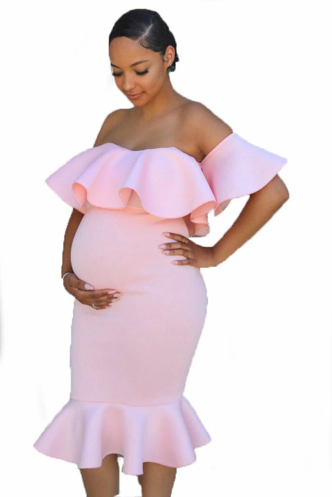 Dame Off-Shoulder Volant Graviditet Bodycon Kjole Stilla