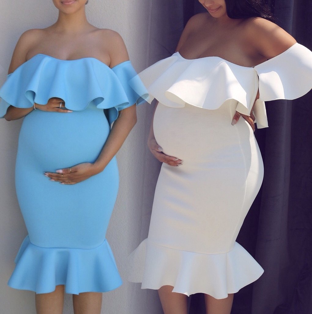 Dame Off-Shoulder Volant Graviditet Bodycon Kjole Stilla