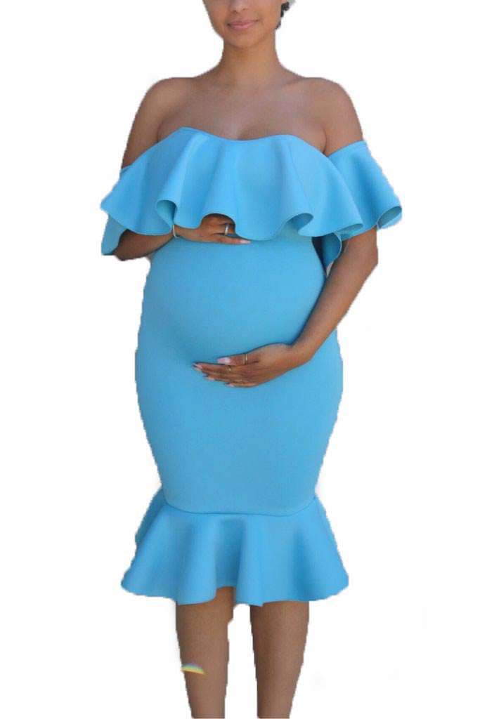 Dame Off-Shoulder Volant Graviditet Bodycon Kjole Stilla