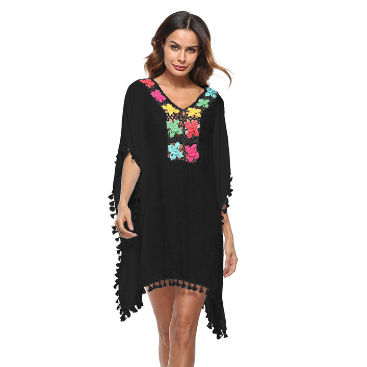 Dame Broderet Strand-Kaftan med Frynse Kant Stilla
