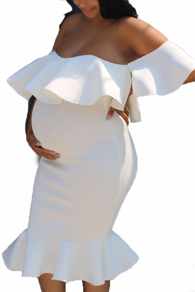 Dame Off-Shoulder Volant Graviditet Bodycon Kjole Stilla