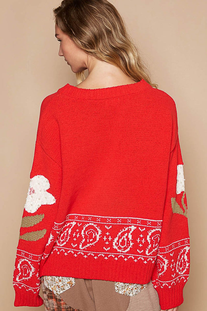 Stilla | Pullover med lange ærmer pol med spids patch blomst