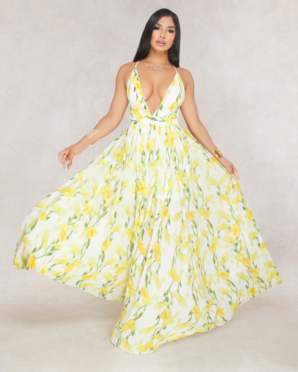 Stilla | Blomsterprint Plisseret Rygløs Slip Maxi Kjole
